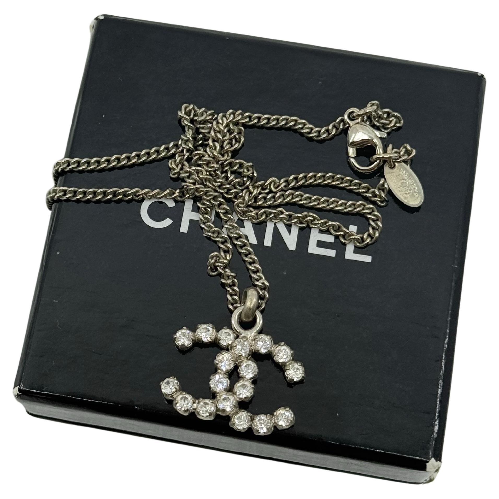 Chanel Silver Crystal CC Pendant Necklace