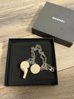 CHANEL Silver Crystal CC Whistle Pendant Charm Statement Necklace