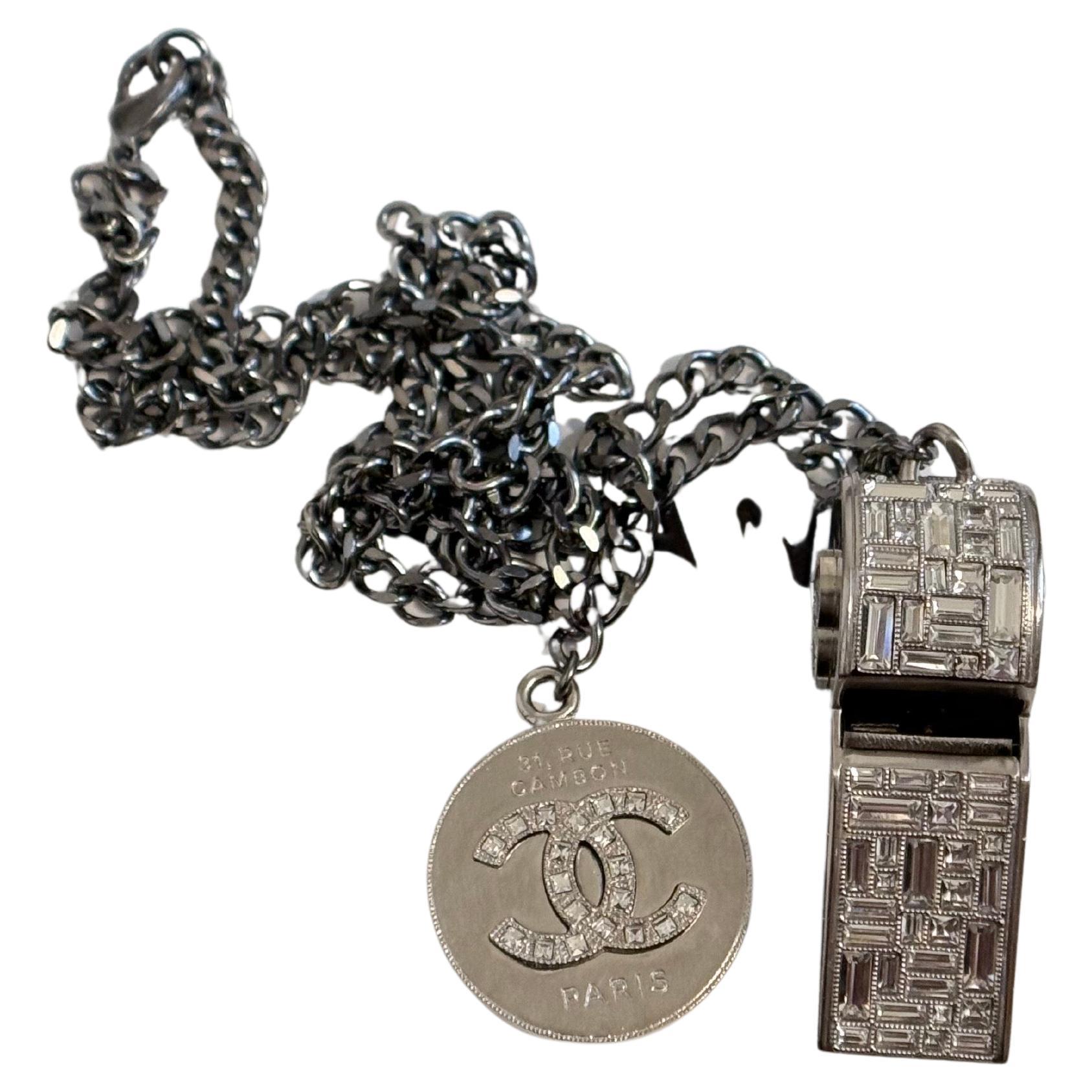 CHANEL Silver Crystal CC Whistle Charm Statement Necklace (Collier de déclaration)