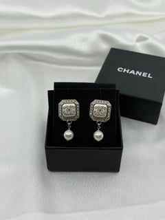 Chanel Silver Crystal CC White Pearl Dangle Earrings
