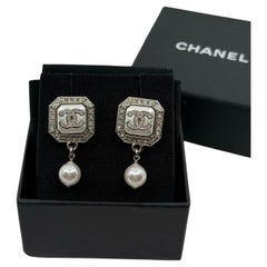 Chanel Silver Crystal CC White Pearl Dangle Earrings