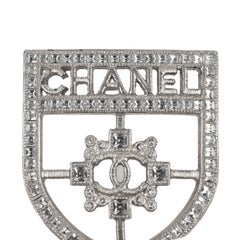 Chanel Silver Crystal Crest Brooch Pin