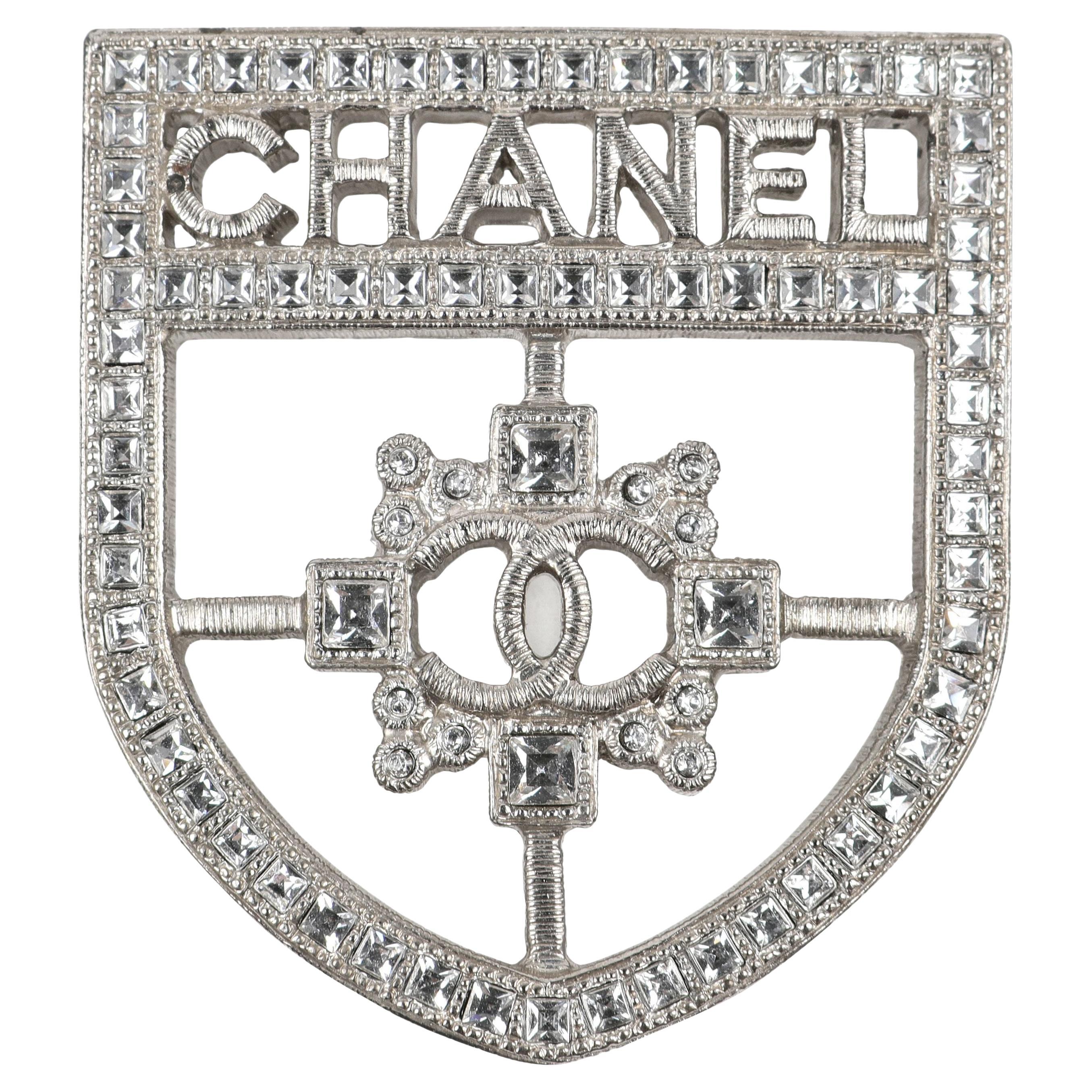 Chanel Silver Crystal Crest Brooch Pin For Sale