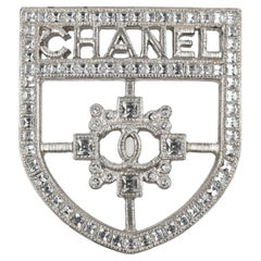 Used Chanel Silver Crystal Crest Brooch Pin