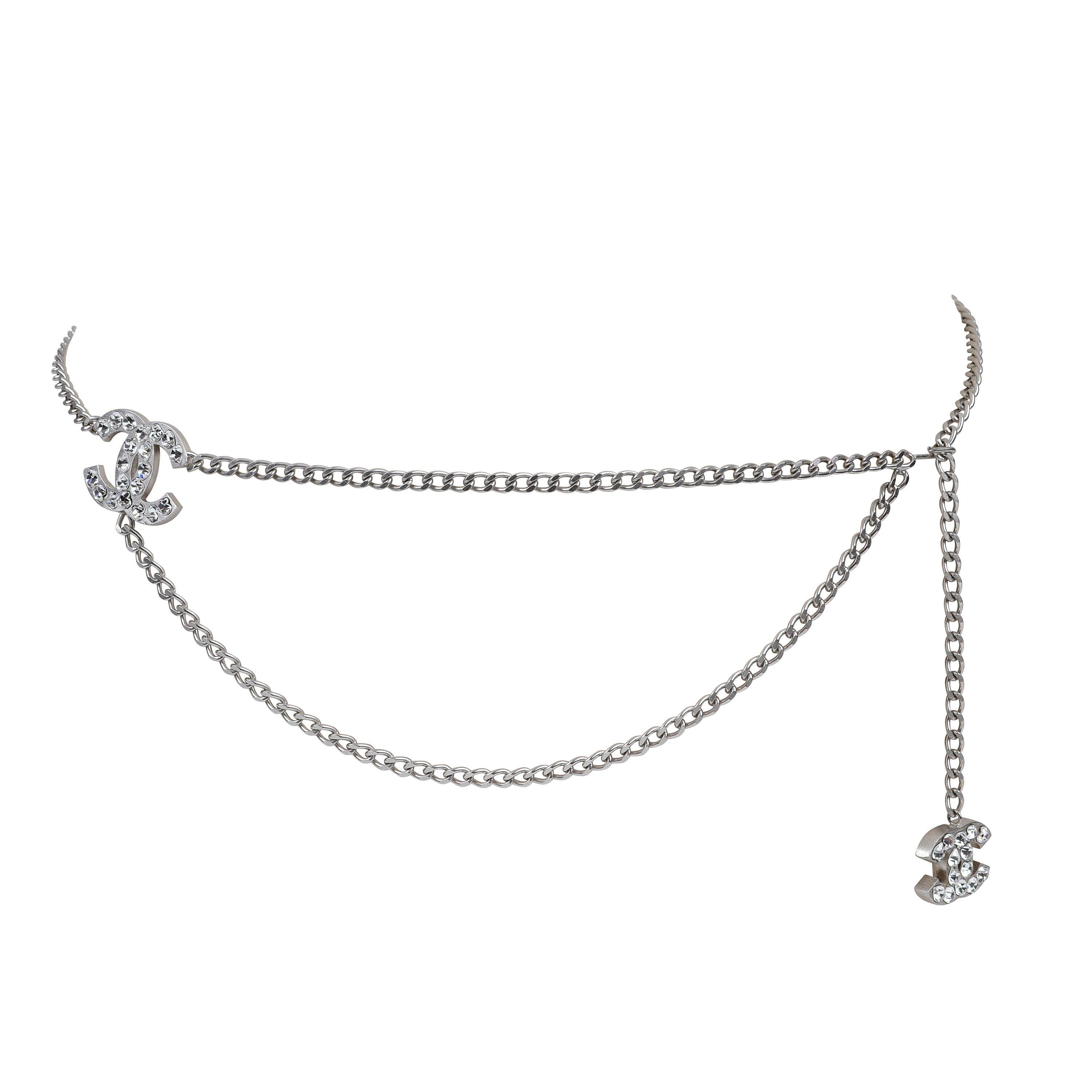 Women's or Men's Chanel Silver Crystal Heart Belt Necklace (2004) For Sale