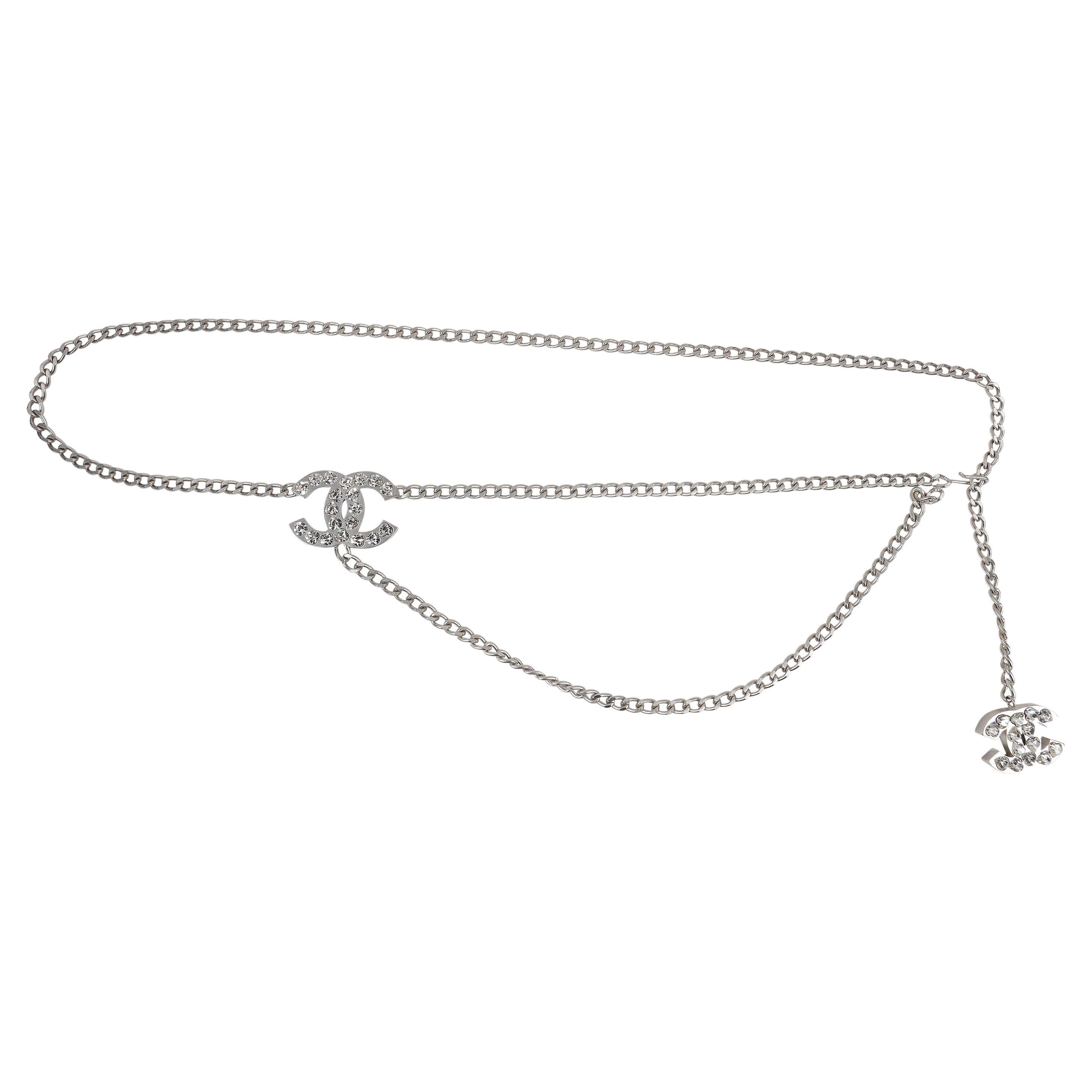 Chanel Silver Crystal Heart Belt Necklace (2004) For Sale