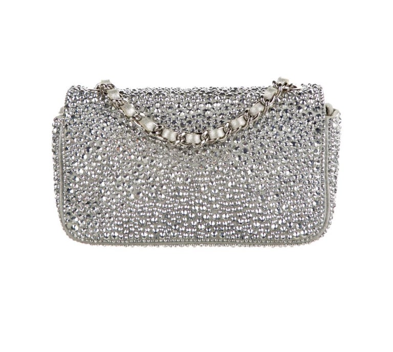 Chanel Silver Crystal Leather Small Mini Evening Shoulder Flap Bag For ...