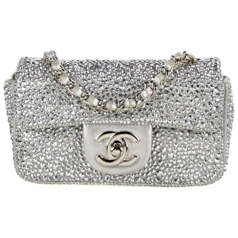 Chanel Silver Crystal Leather Small Mini Evening Shoulder Flap Bag
