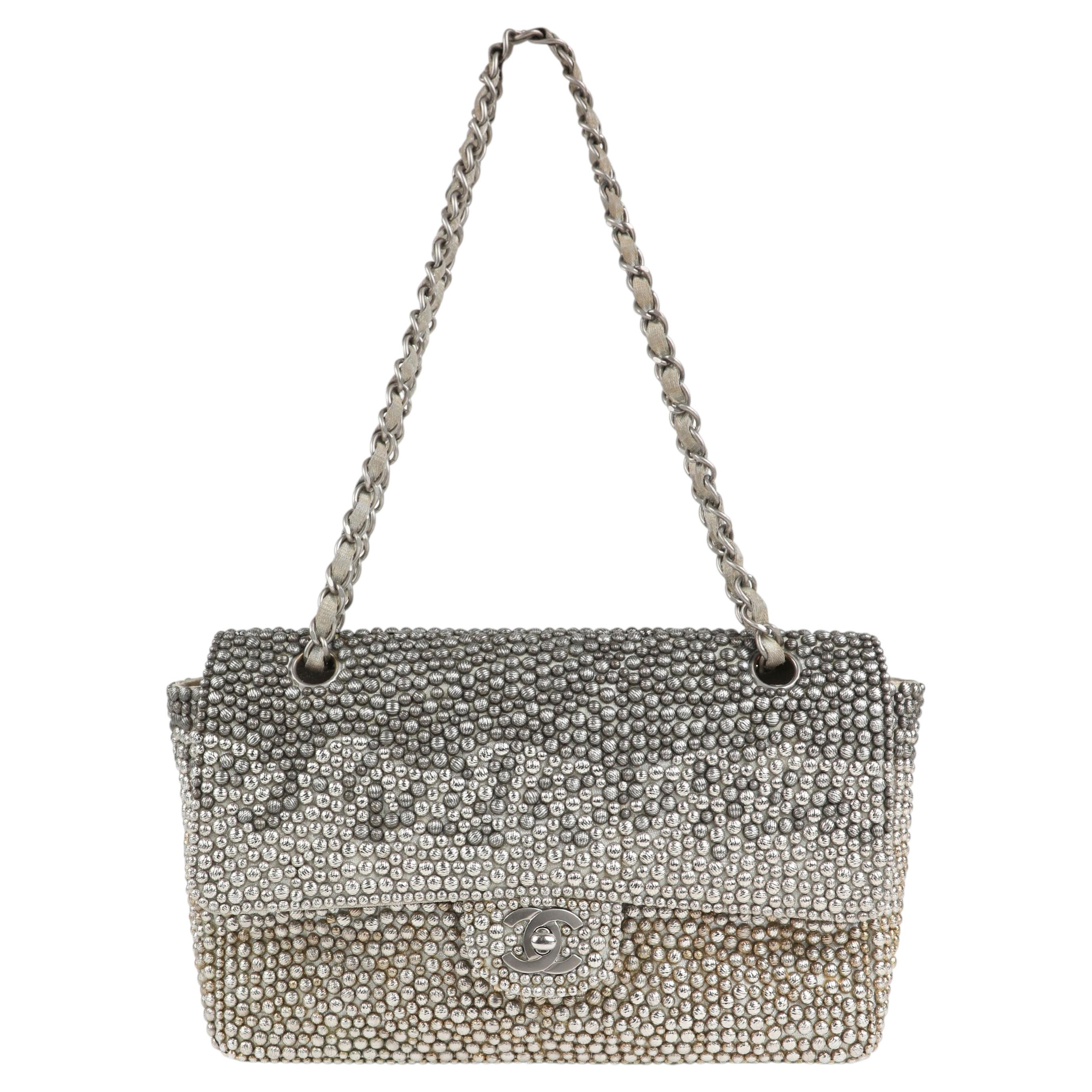 Chanel Medium Classic Embellished Silver “Dot” Flap Bag with Silver Hardware For Sale