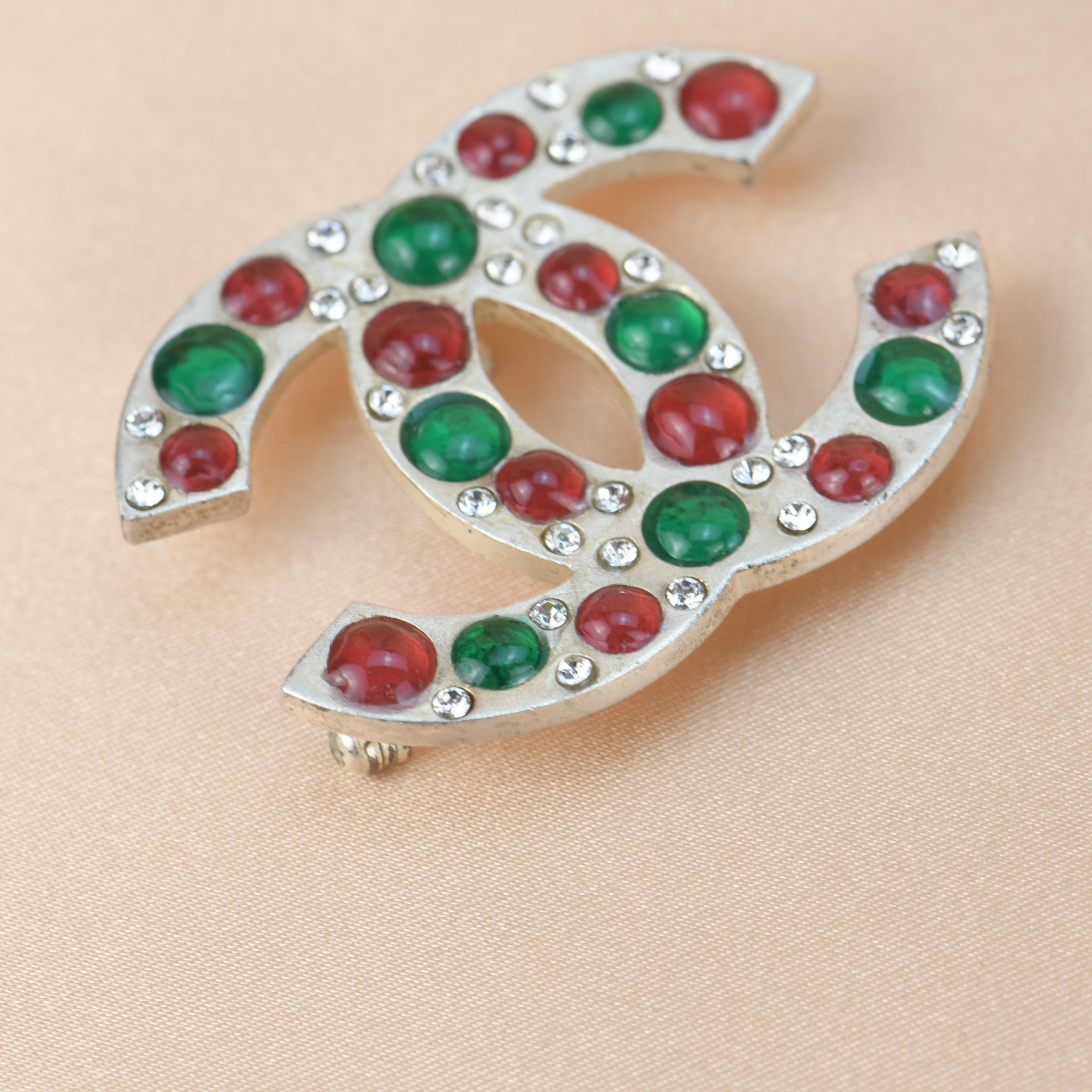 Chanel Vintage Silver Gilt CC Brooch with Vermilion and Emerald Green Gripoix 1