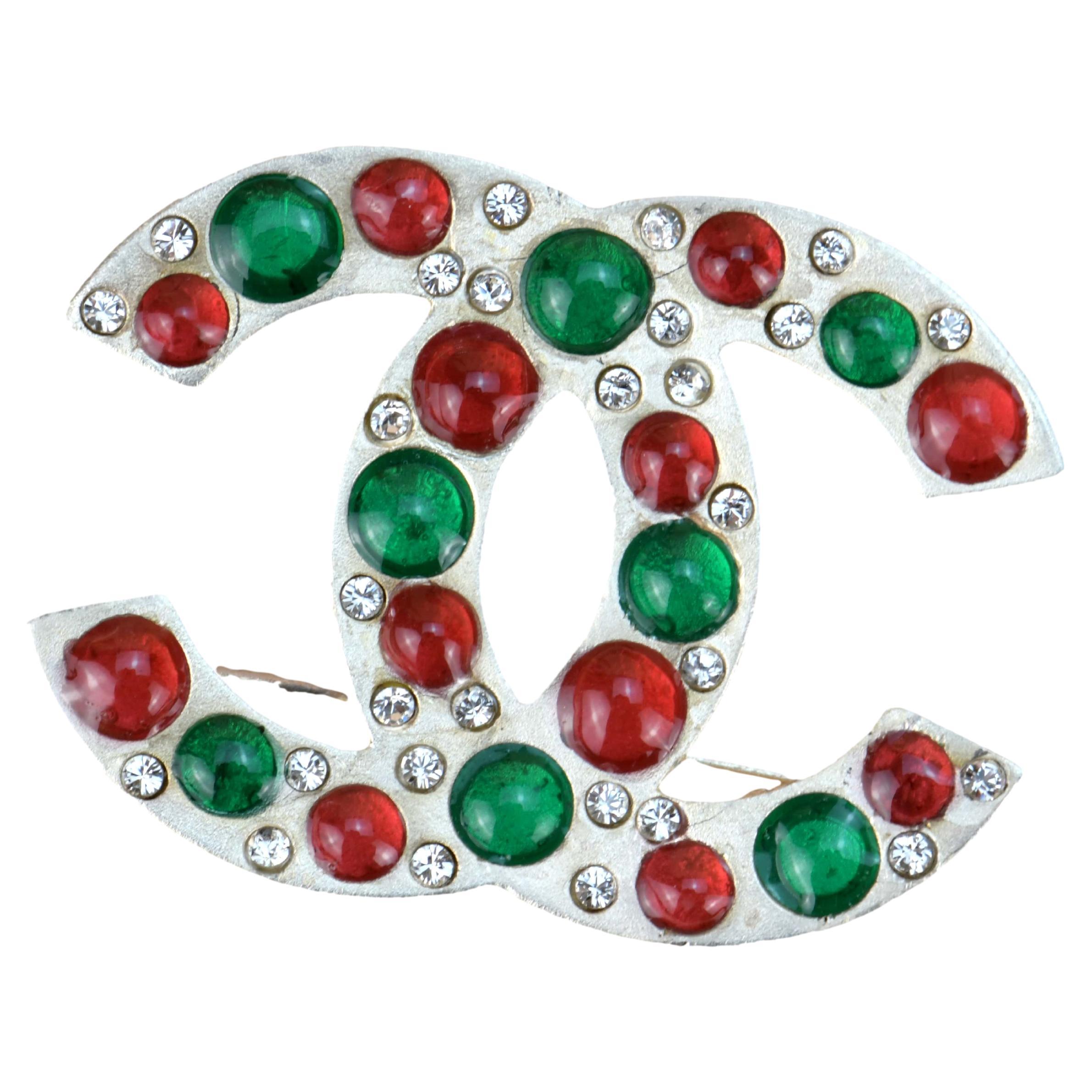 Chanel Vintage Silver Gilt CC Brooch with Vermilion and Emerald Green Gripoix