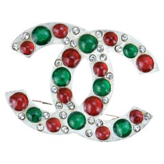 Chanel Vintage Silver Gilt CC Brooch with Vermilion and Emerald Green Gripoix