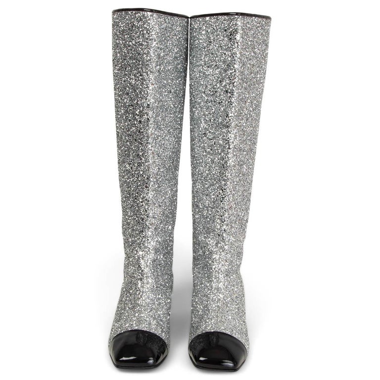 CHANEL silver GLITTER 2017 MILKY WAY RUNWAY Boots Shoes 38.5