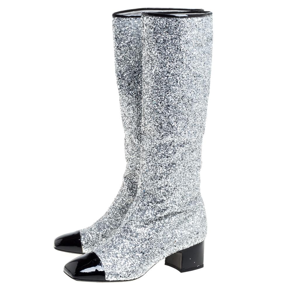 Chanel Silber Glitter Fantasy Kniestiefel Größe 41C Damen