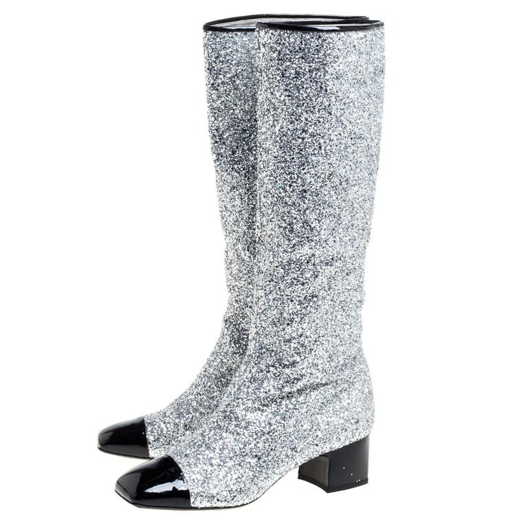 Chanel Silver Glitter Fantasy Knee Boots Size 41C at 1stDibs