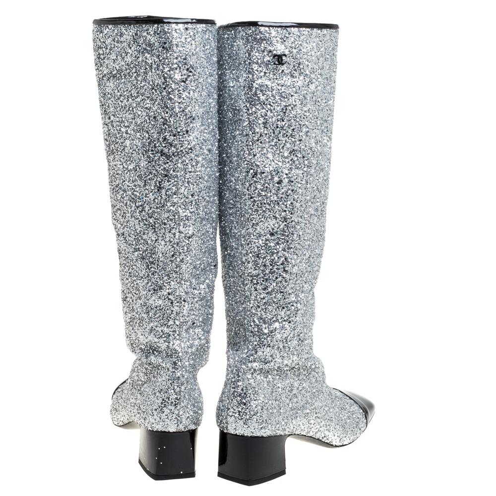 Women's Chanel Silver Glitter Fantasy Knee Boots Size 41C