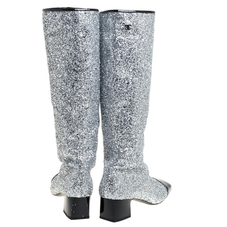 Chanel Silver Glitter Fantasy Knee Boots Size 41C