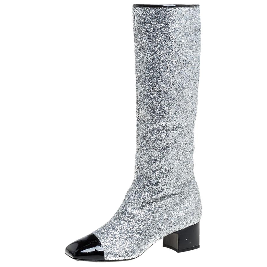 Chanel Silver Glitter Fantasy Knee Boots Size 41C