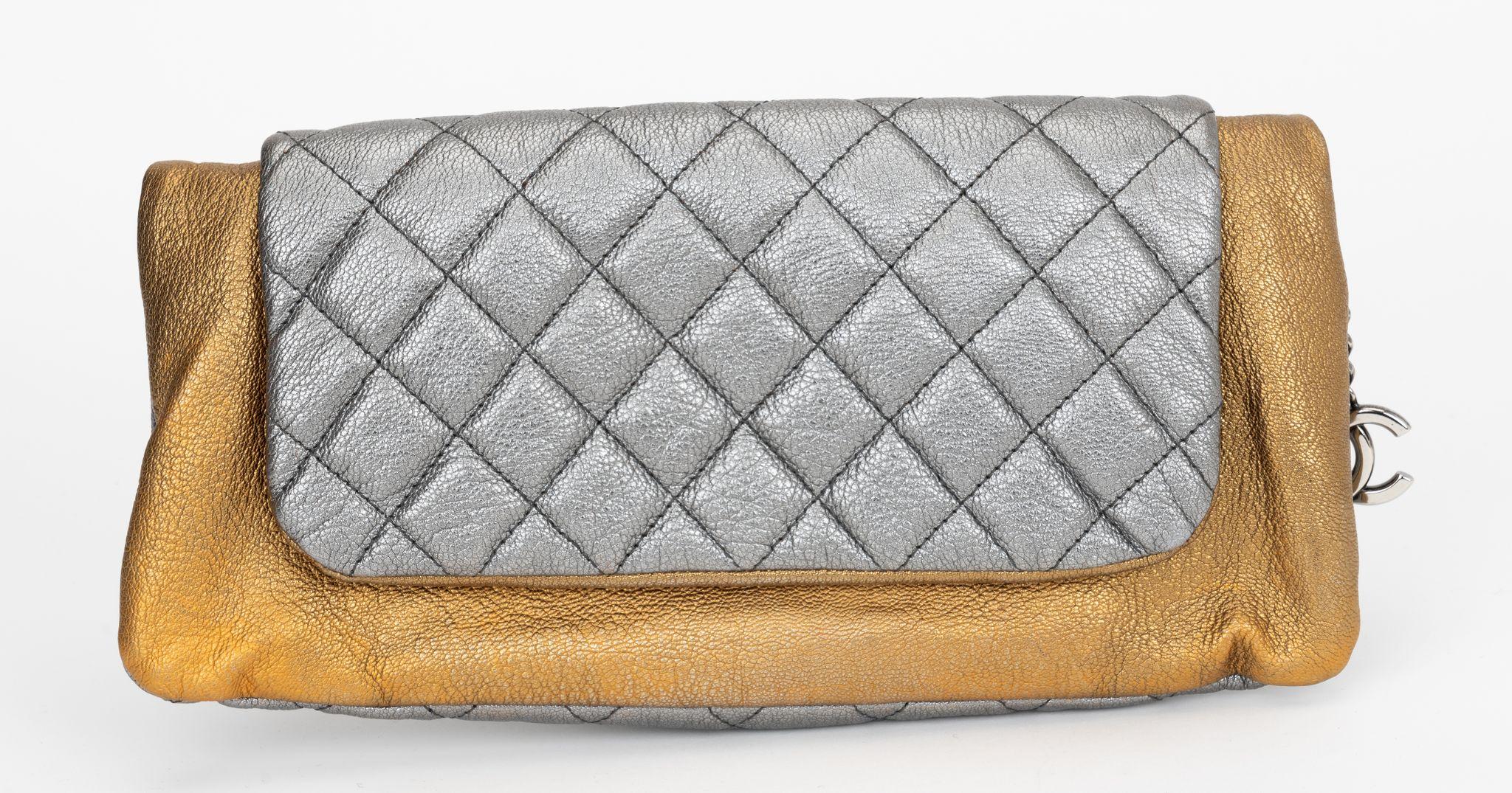 Chanel Silver Gold Caviar Clutch In Excellent Condition For Sale In West Hollywood, CA