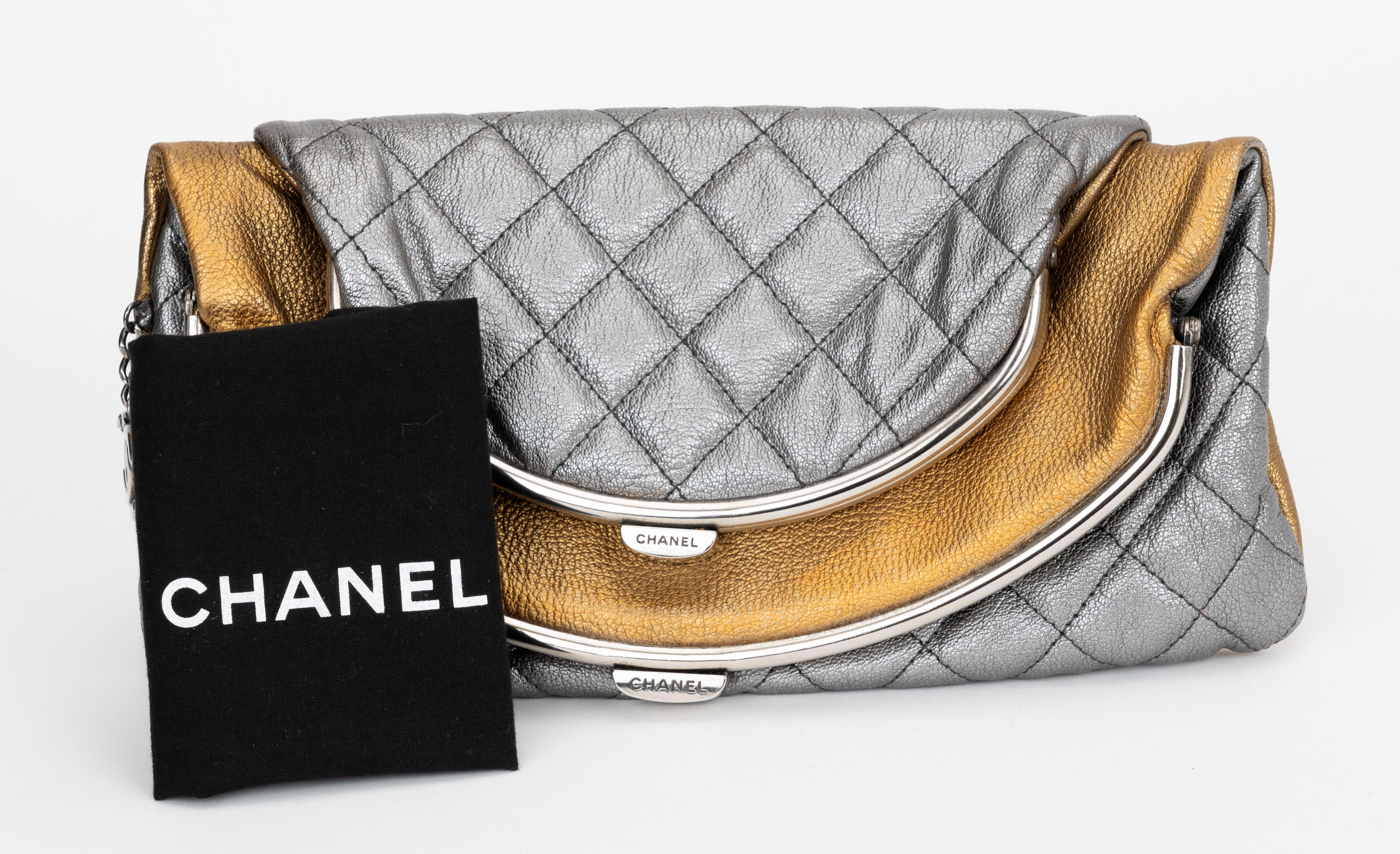 Chanel Silver Gold Caviar Clutch For Sale 5