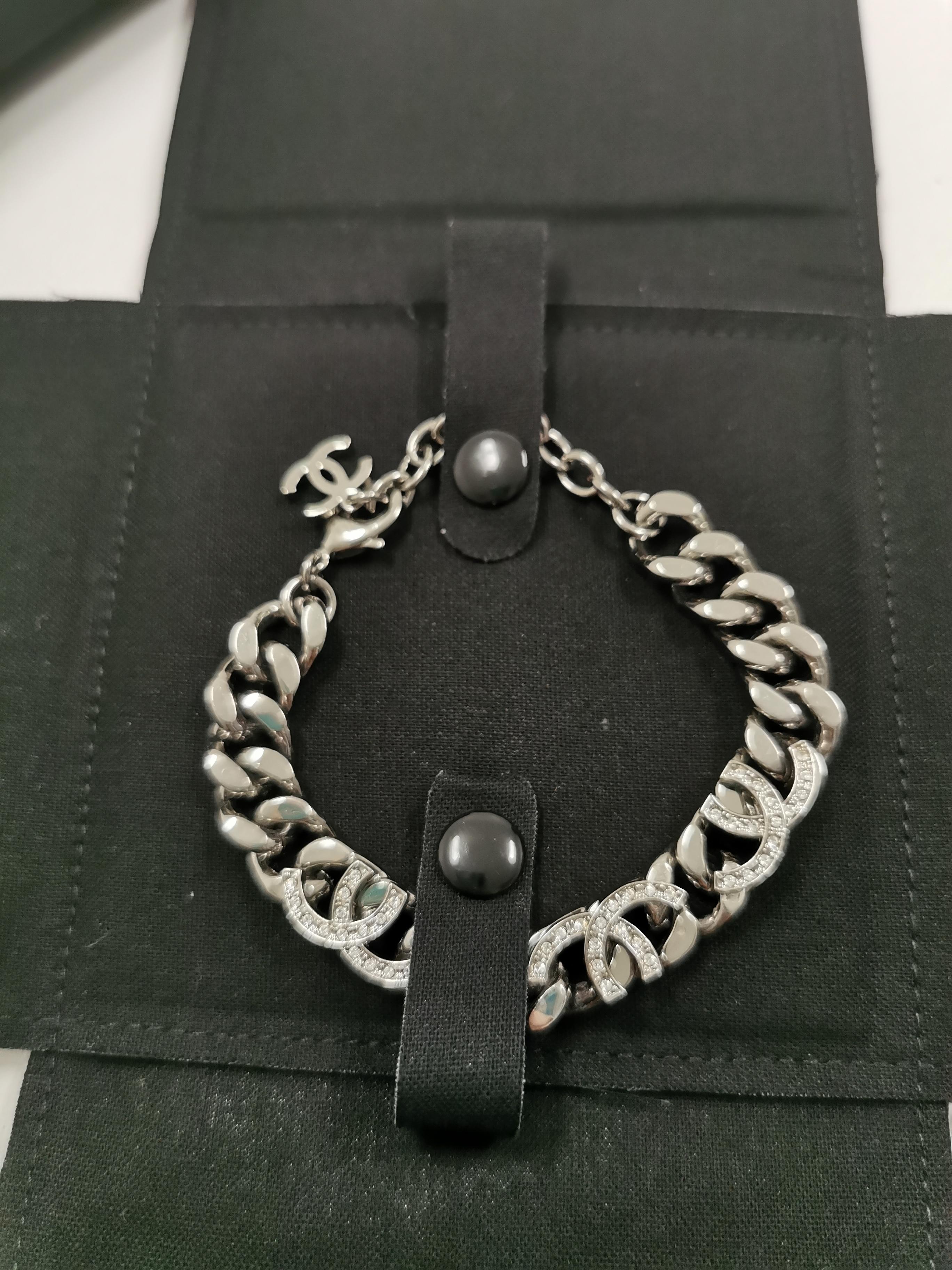 Women's Chanel Silver Gunmetal Cropped CC Logo Chain Bracelet