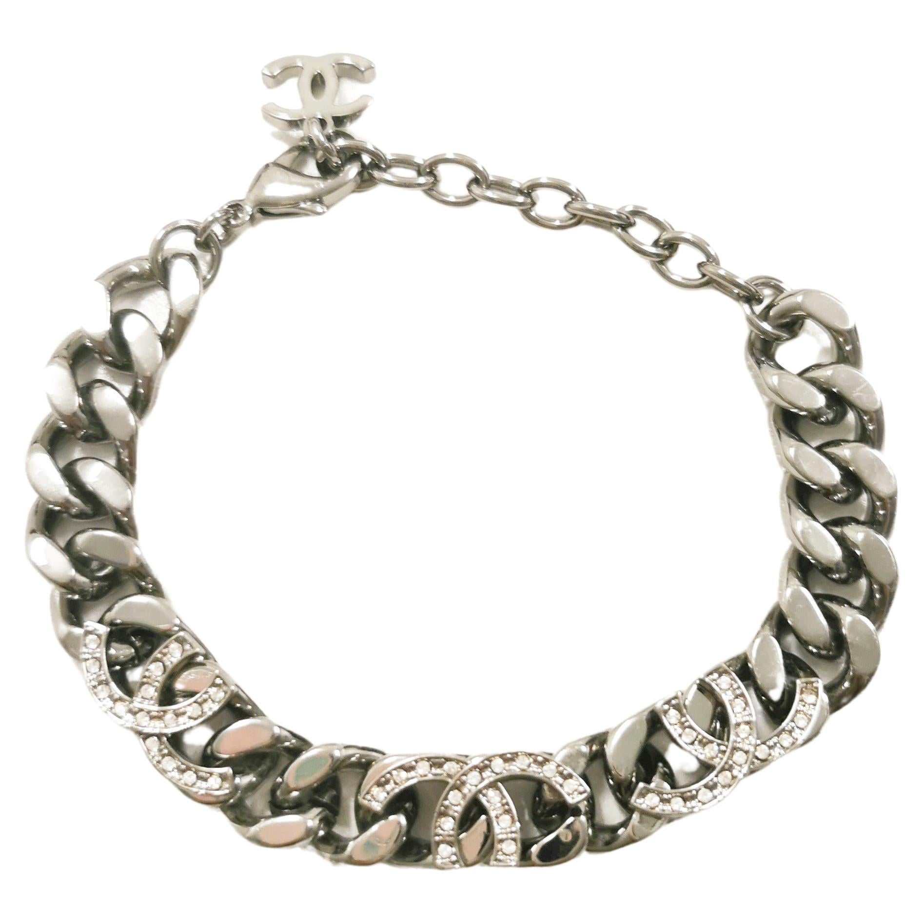 Chanel Silver Gunmetal Cropped CC Logo Chain Bracelet