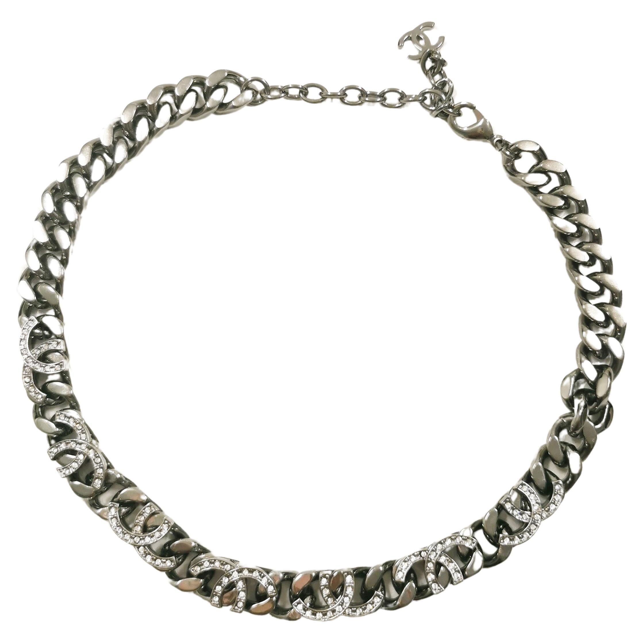 Chanel Silver Gunmetal Cropped CC Logo Chain Choker Necklace