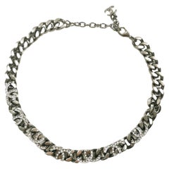 Chanel Silver Gunmetal Cropped CC Logo Chain Choker Necklace