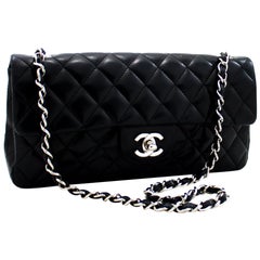CHANEL Silver Hw Single Chain Flap Shoulder Bag Black Quilted Lam
