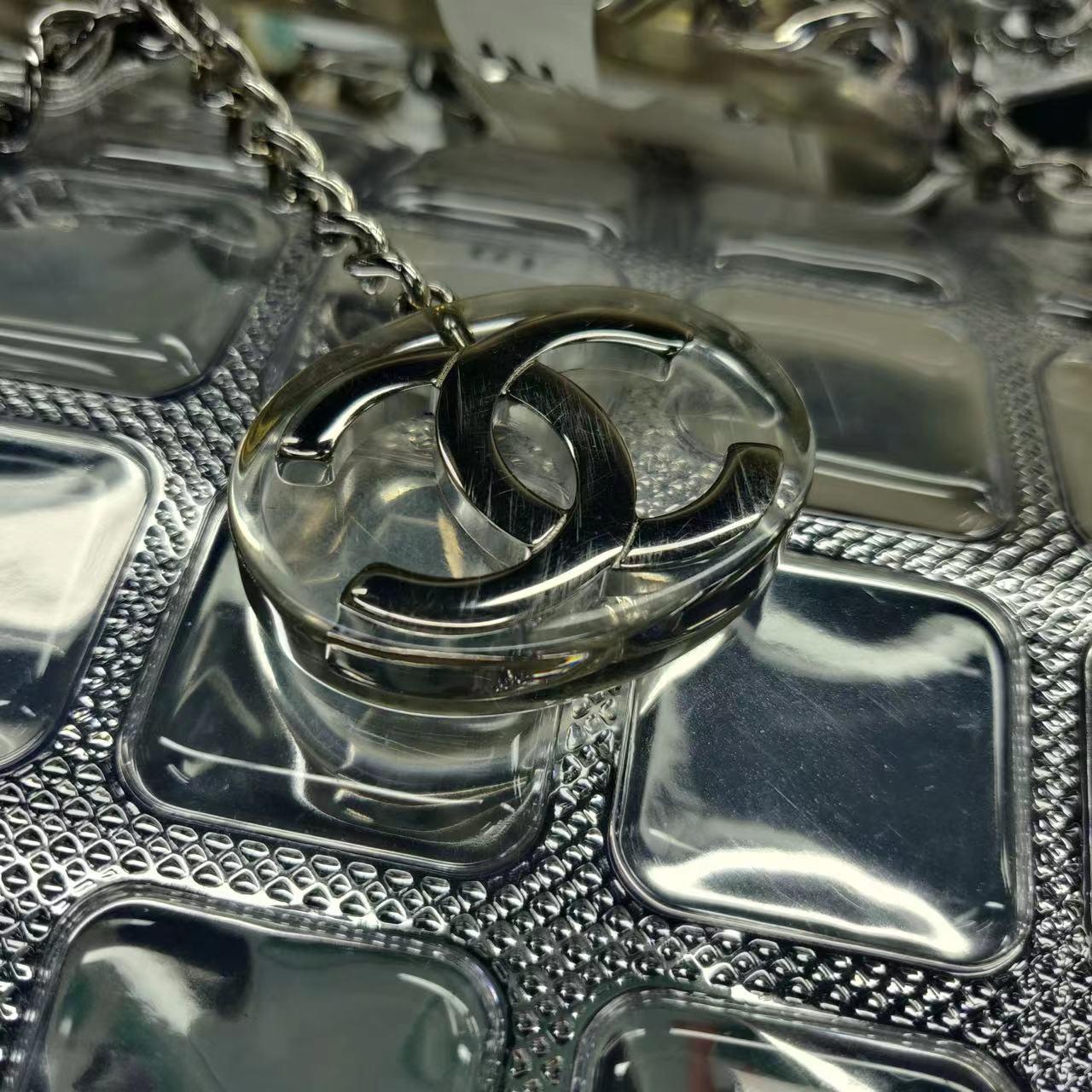 Chanel Silver Ice Cube Tote Leather and Vinyl with Chains For Sale 9