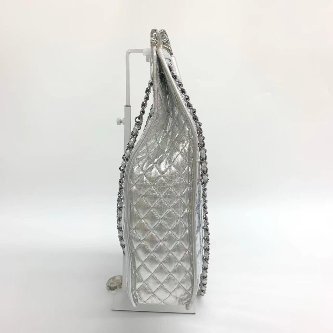 Women's Chanel Silver Ice Cube Tote Leather and Vinyl with Chains For Sale
