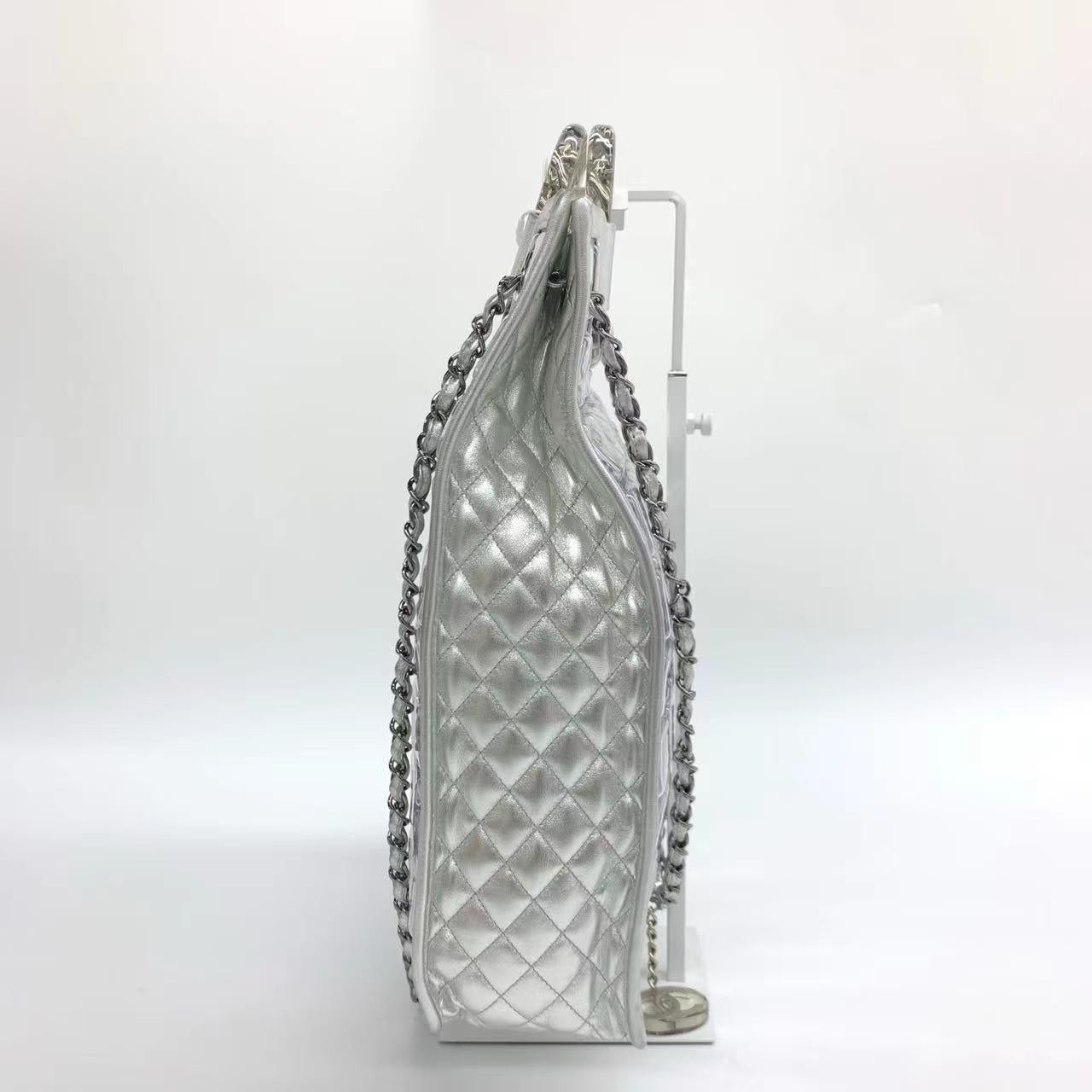 Chanel Silver Ice Cube Tote Leather and Vinyl with Chains For Sale 1