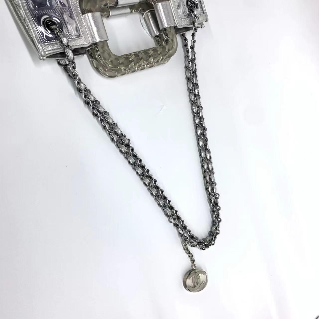 Chanel Silver Ice Cube Tote Leather and Vinyl with Chains For Sale 4