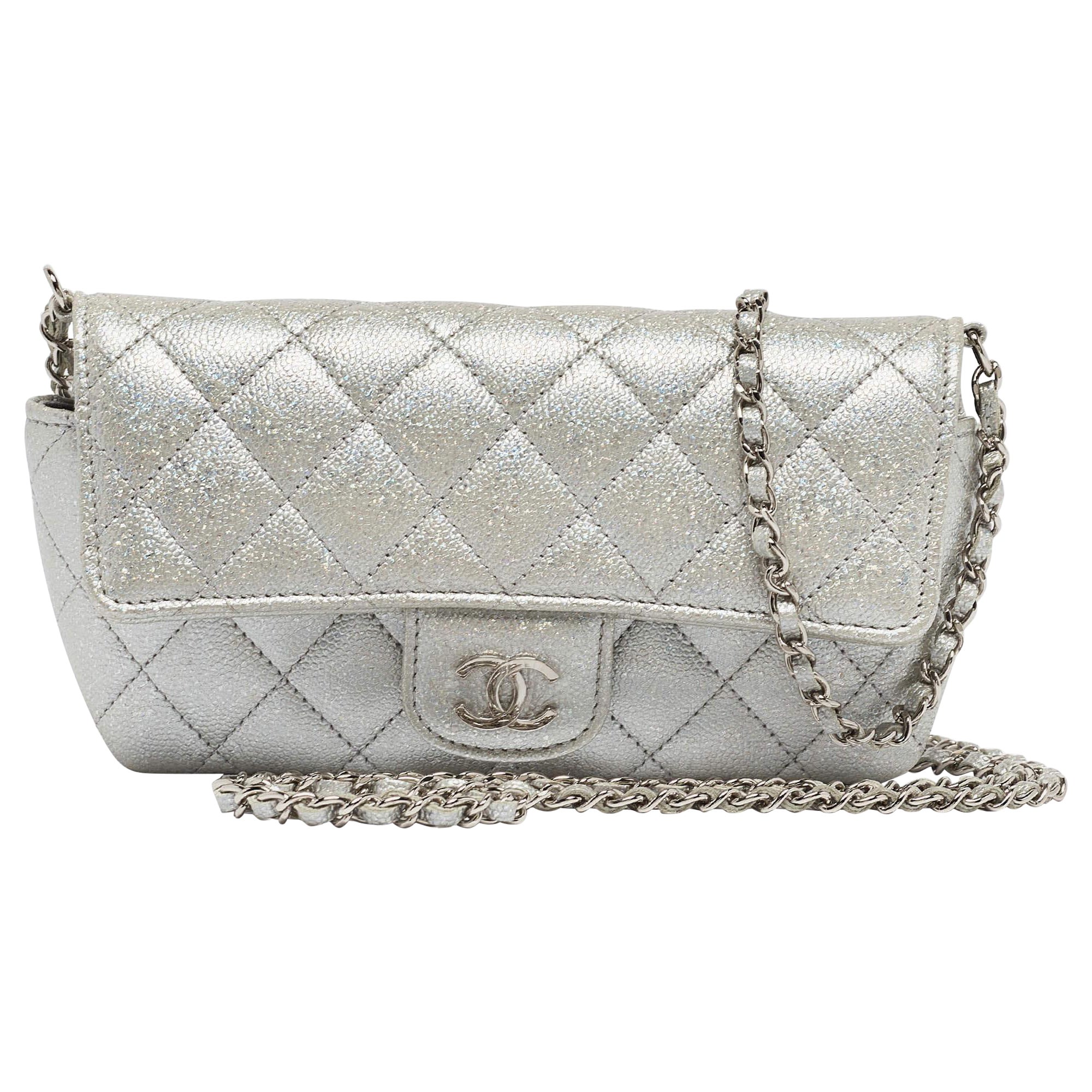 Chanel Silver Iridescent Caviar Quilted Leather Glassed Case with Chain