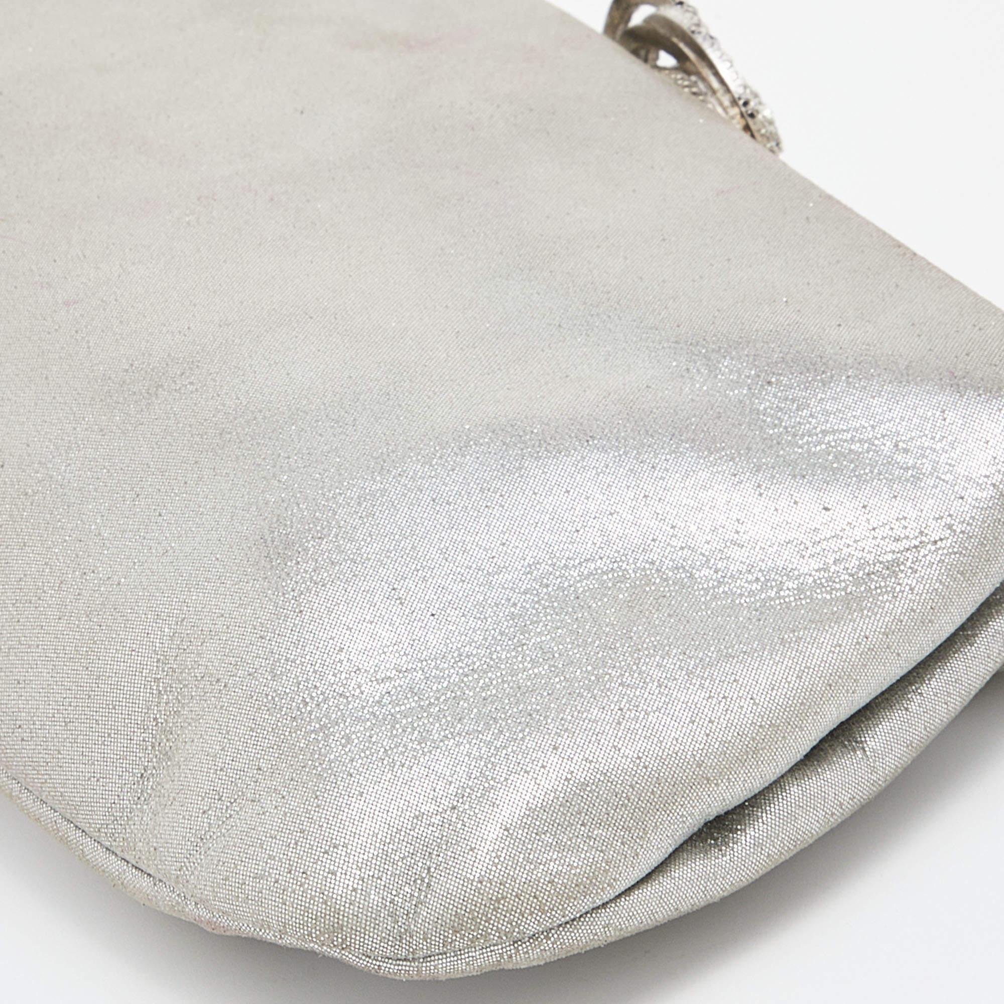 Chanel Silver Iridescent Leather Crystal Camellia Clutch 7