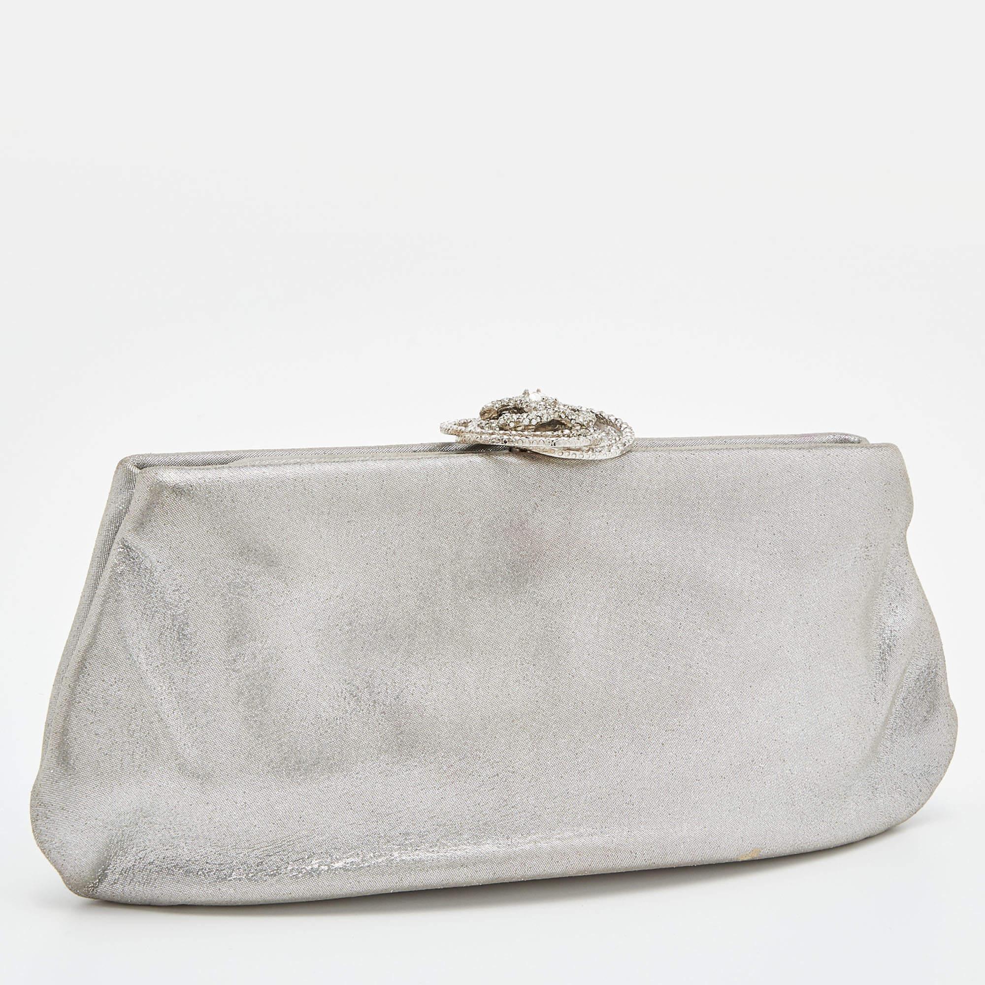 Women's Chanel Silver Iridescent Leather Crystal Camellia Clutch
