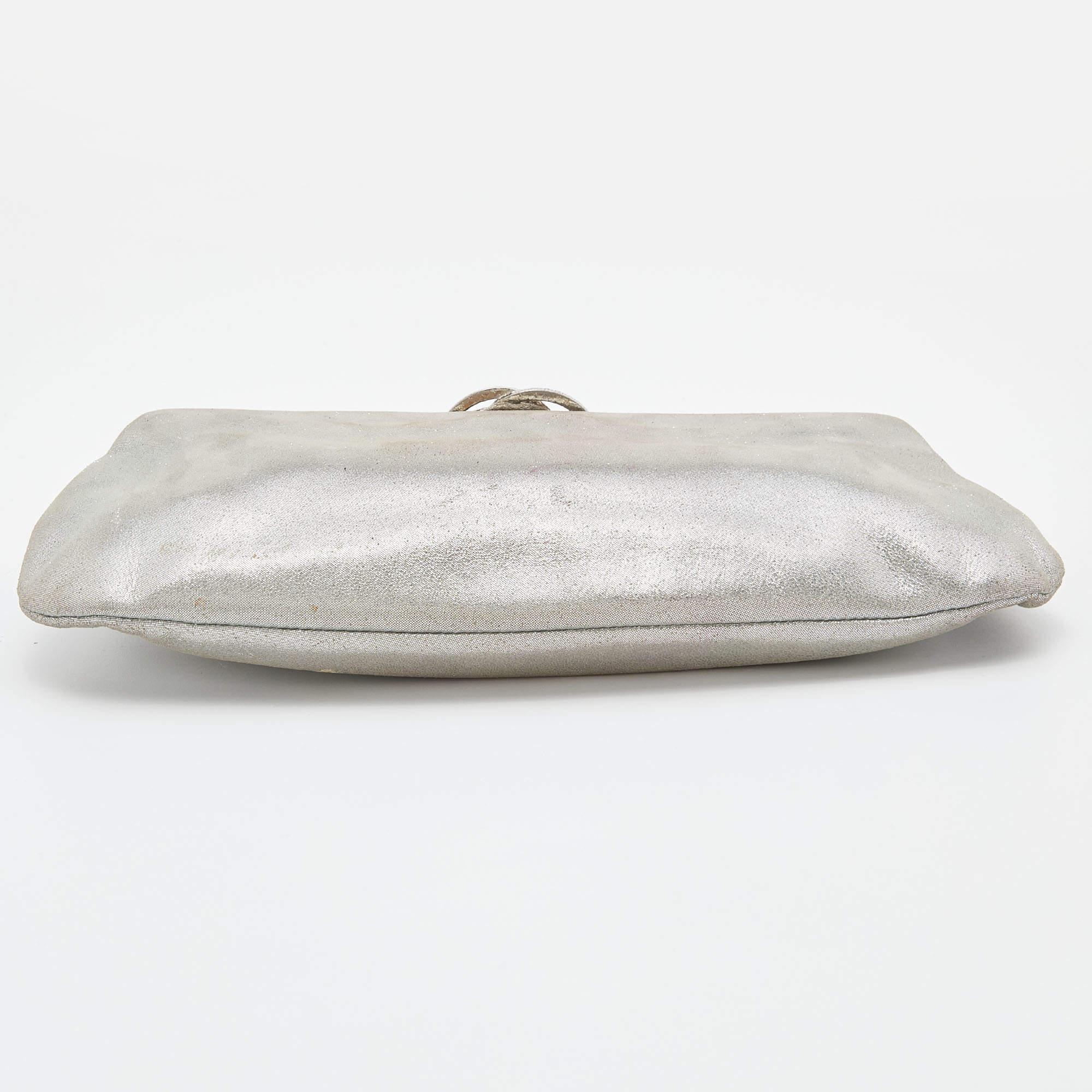 Chanel Silver Iridescent Leather Crystal Camellia Clutch 1