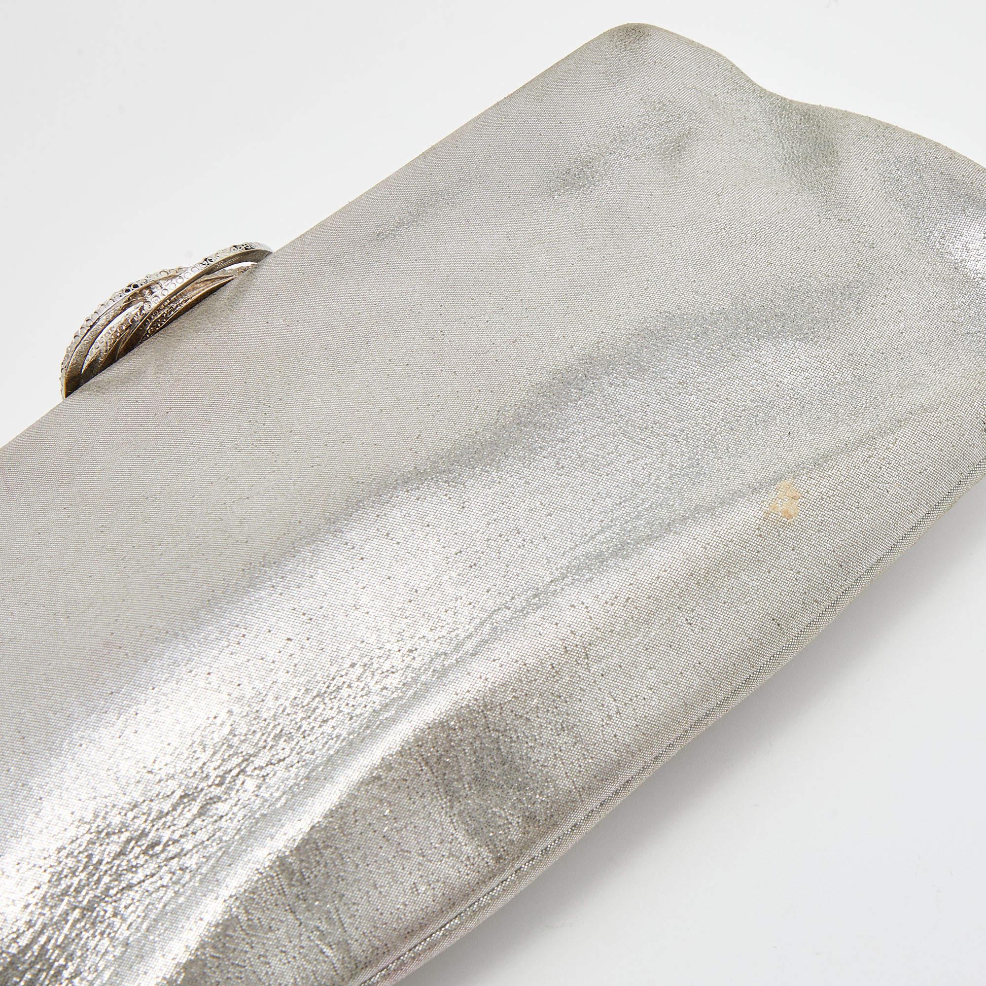 Chanel Silver Iridescent Leather Crystal Camellia Clutch 3