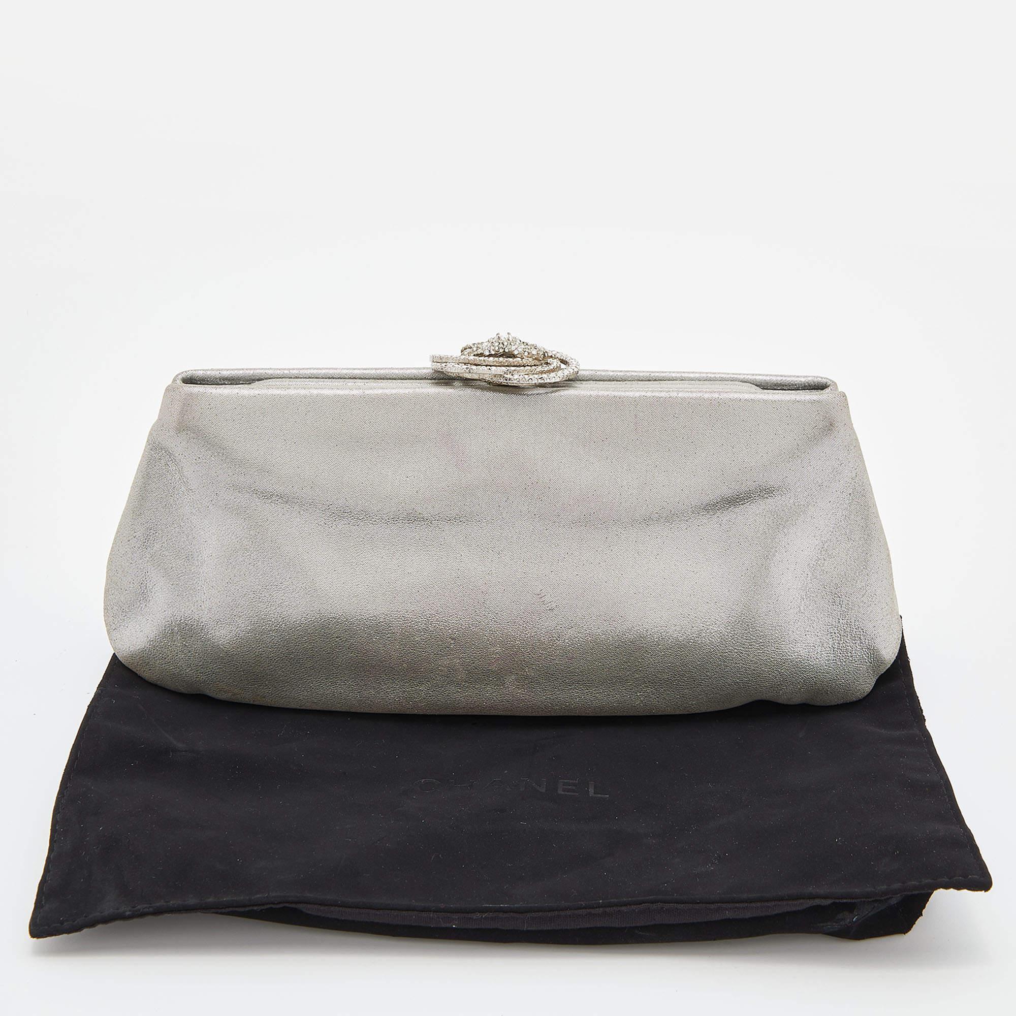 Chanel Silver Iridescent Leather Crystal Camellia Clutch 5