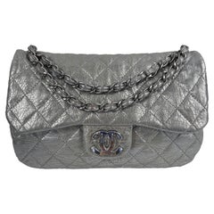 CHANEL Silver Jumbo Icy Crinkled Leather Flap Bag Shoulder Bag / Crossbody