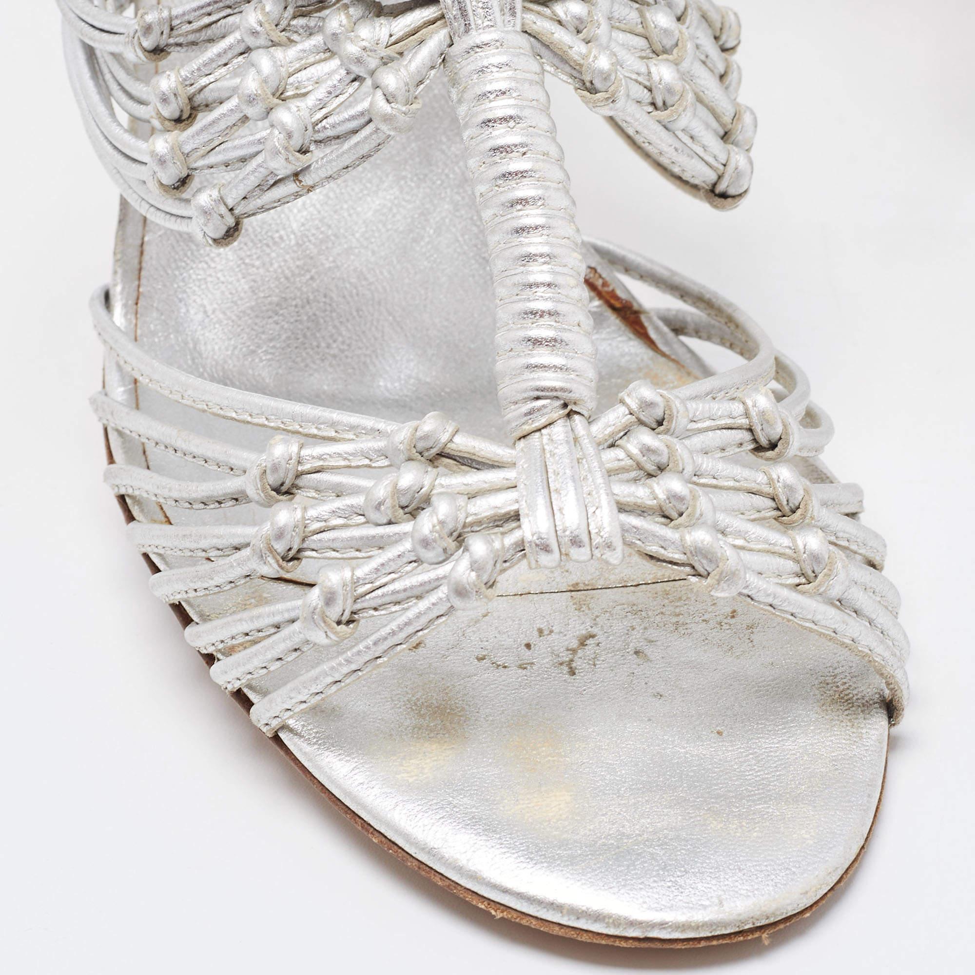 Chanel Silver Knotted Leather CC Ankle Strap Sandals 38.5 For Sale 5