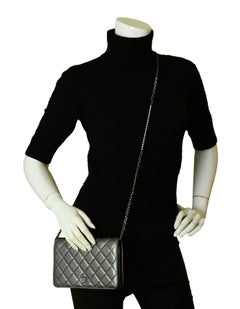 Chanel Silver Lambskin Pearl My Shoulder Wallet On Chain WOC Crossbody Bag