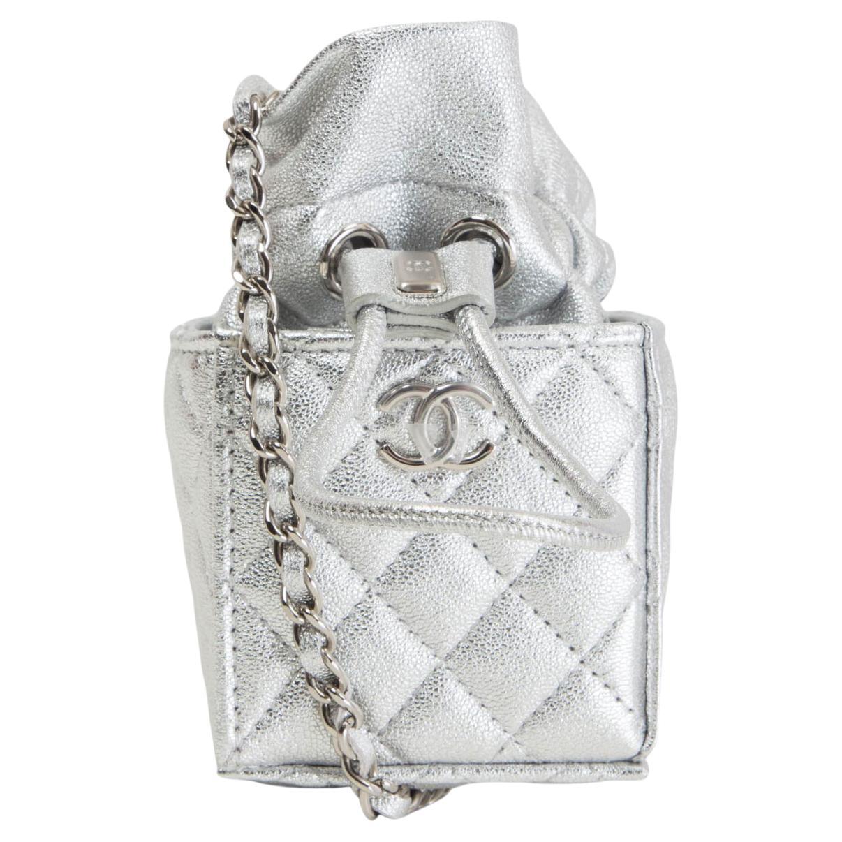 CHANEL silver leather 2021 DRAWSTRING MINI COIN Crossbody Bag