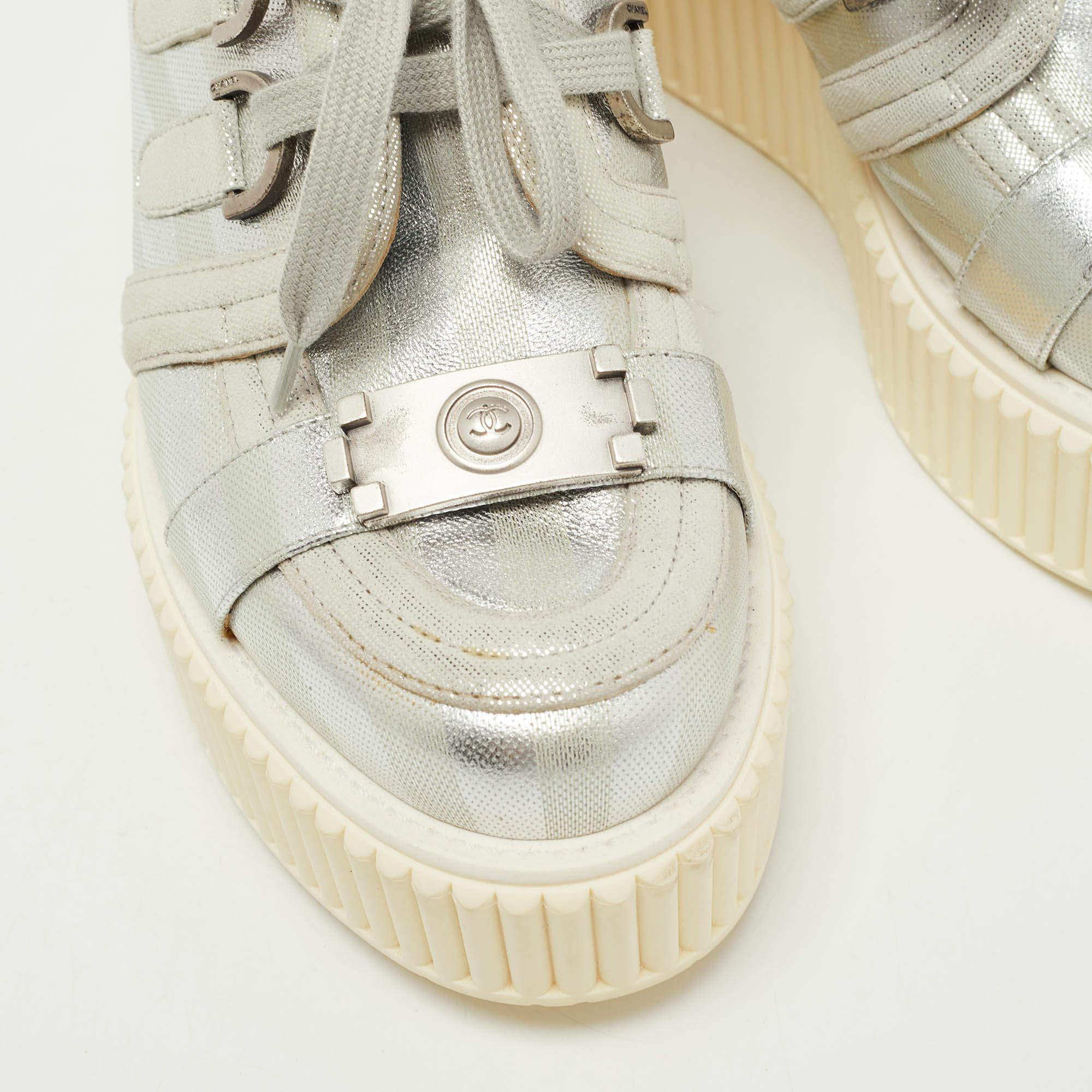 Women's Chanel Silver Leather and Suede Platform Low Top Sneakers Size 38.5