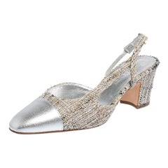 Chanel Silver Leather And Tweed Fabric CC Block Heel Slingback Sandals Size 39.5