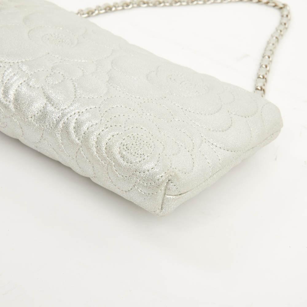 Women's Chanel Silver Leather Camelia  Clutch 