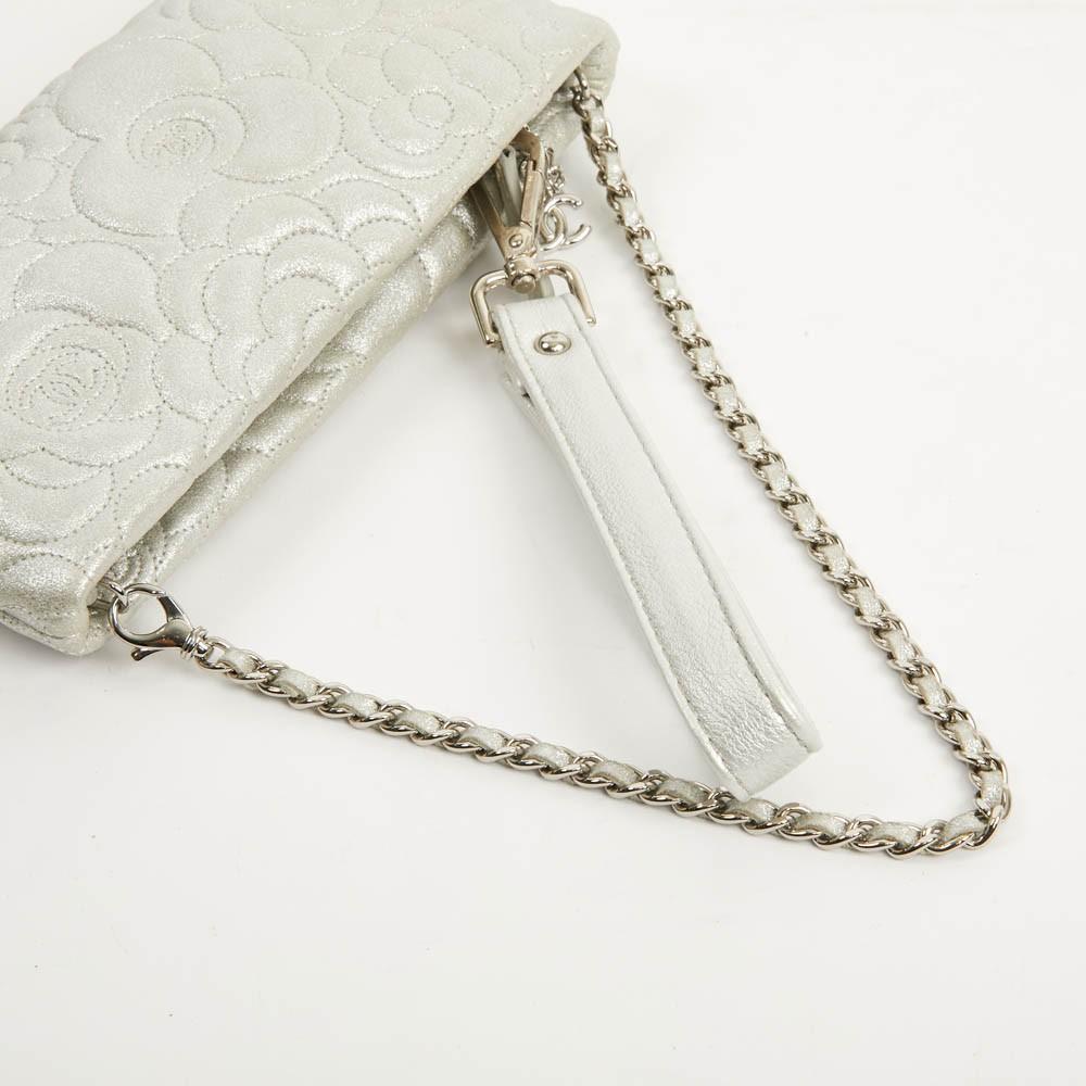 Chanel Silver Leather Camelia  Clutch  1