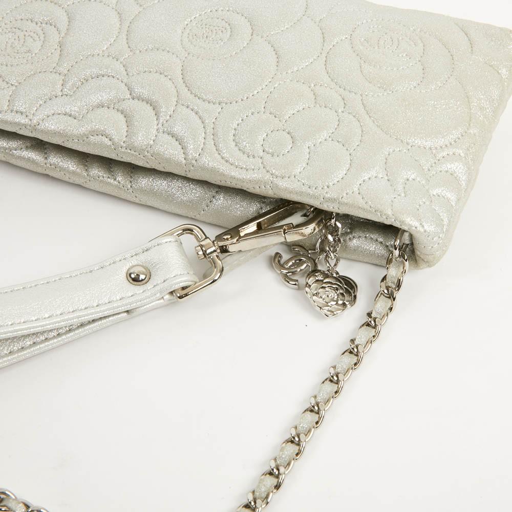 Chanel Silver Leather Camelia  Clutch  2