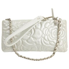 Chanel Silver Leather Camelia  Clutch 