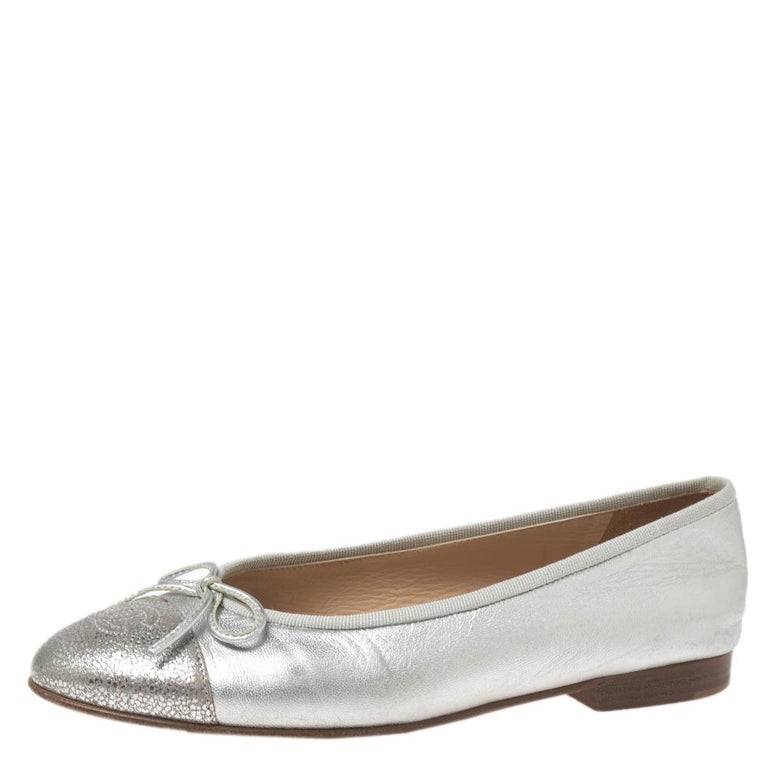 Chanel Silver Leather CC Cap Toe Bow Ballet Flats Size 37 at 1stDibs